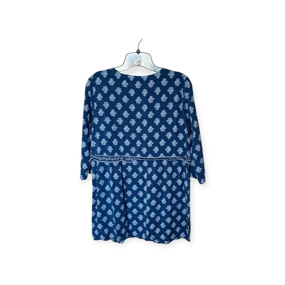 J. Jill Blue/White Seaside Woodblock Print Pullover V Neck Tunic Top Size Small